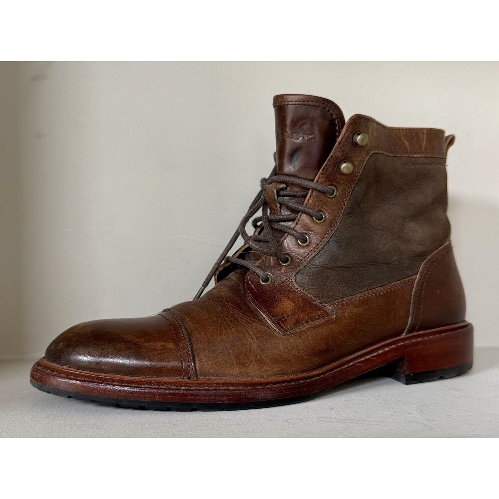TRASK Mens Union Shearling Boots  8 M Cap Toe Sherpa Lined Lace Up Brown Leather